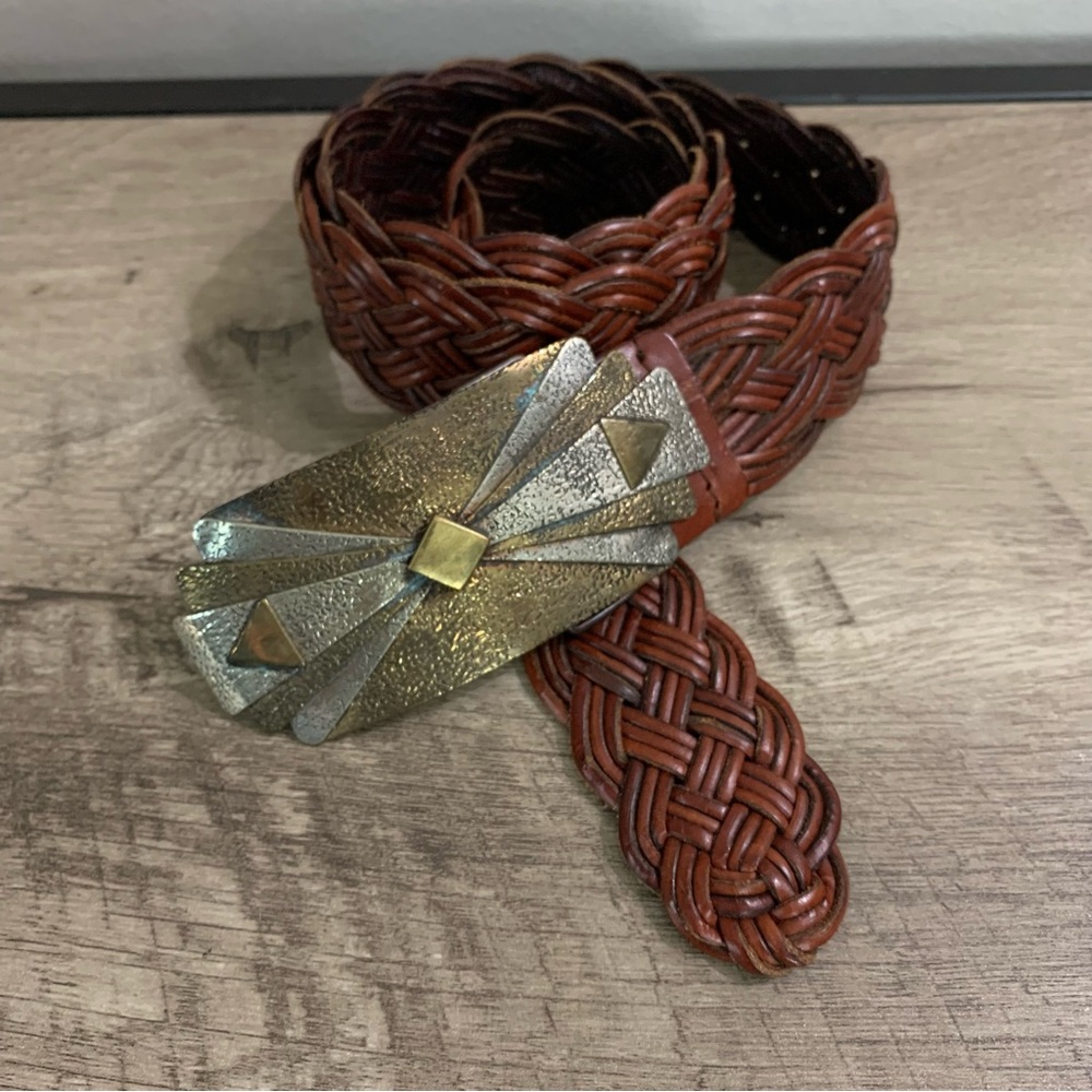 VINTAGE Women's BROWN Woven LEATHER Bohemian ARTISAN Art Deco CHICOS Buckle BELT